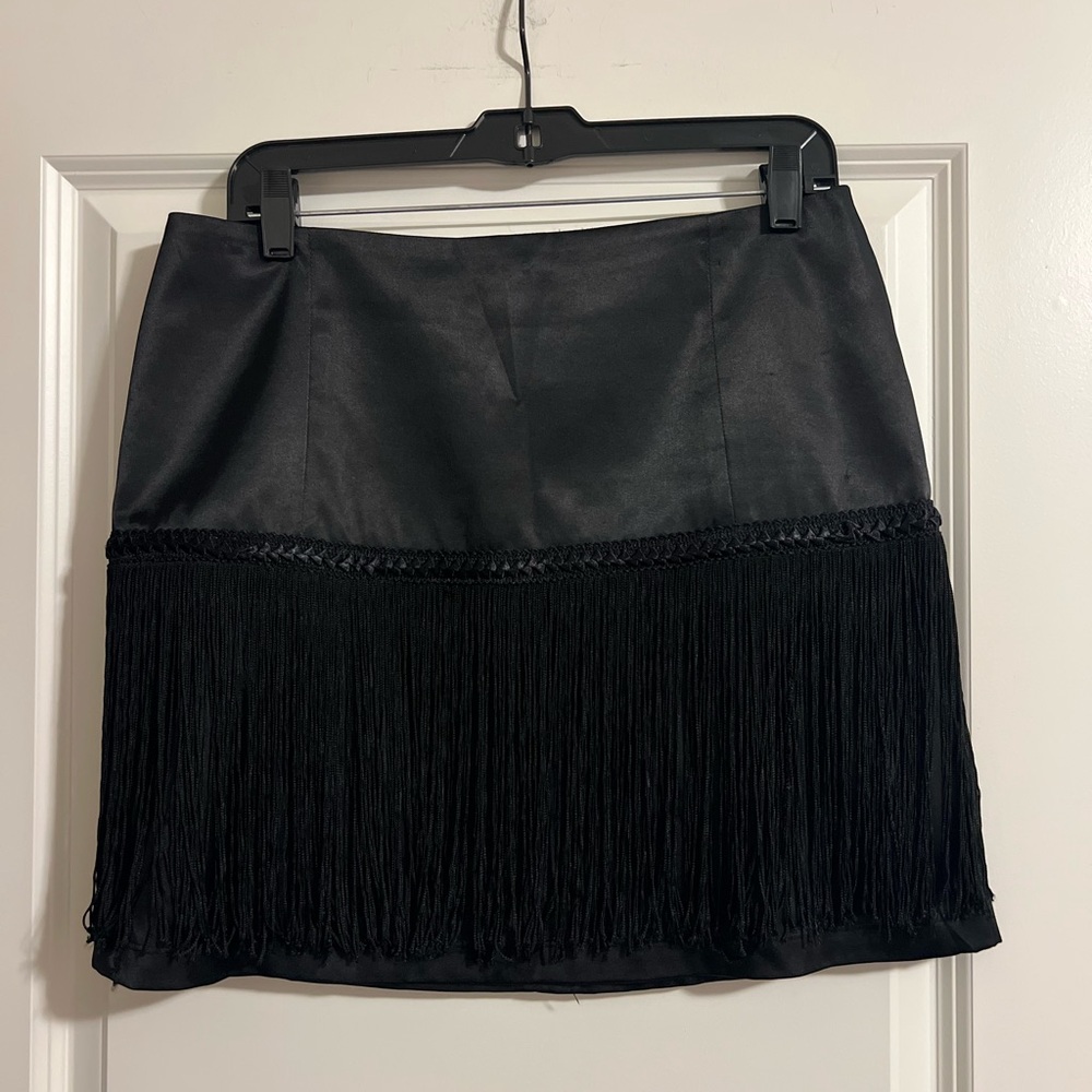 Cache Black Satin Fringe Skirt